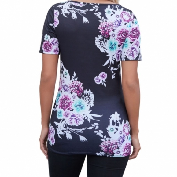 Black Floral Crisscross Neck Detail Short Sleeve T - Picture 2 of 3